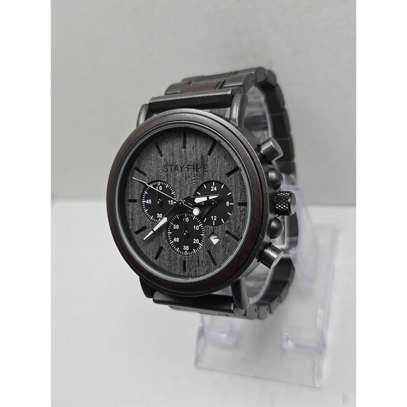 Stay Fine Wood Chronograph Quartz Brown Dial Date Bracelet New Battery Men Watch - Picture 2 of 12